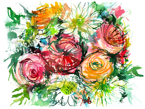 bouquet of flowers with chamomile, buttercup, rose, watercolor painting