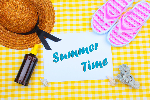 Beach Time Summer Travel Kit featuring sleepers, bikini, radio, sun lotion, lotion, hat & camera