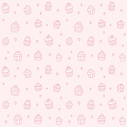 Seamless pattern of cute cartoon hand drawn cupcakes.