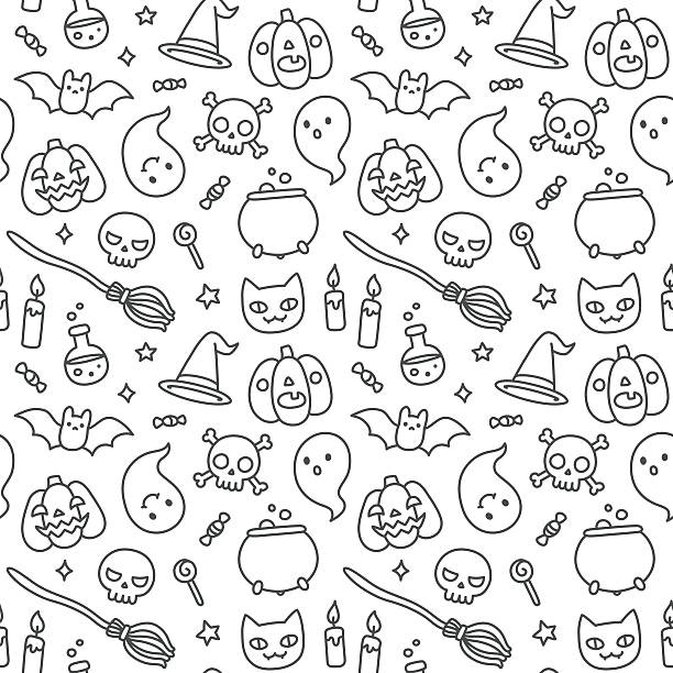 illustrazioni stock, clip art, cartoni animati e icone di tendenza di doodle seamless pattern di halloween - pumpkin autumn pattern repetition