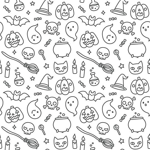 ilustrações de stock, clip art, desenhos animados e ícones de dia das bruxas sarrabisco sem costura padrão - pumpkin autumn pattern repetition