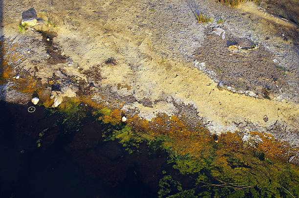 istock River with dirty polluted water and colourful sand during drought. 488015872