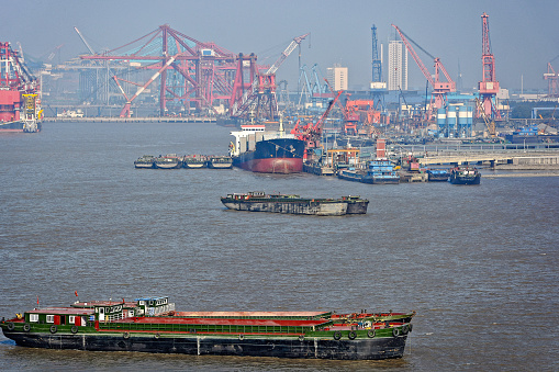 Cargo ships and cranes at Shanghai shipyard, China