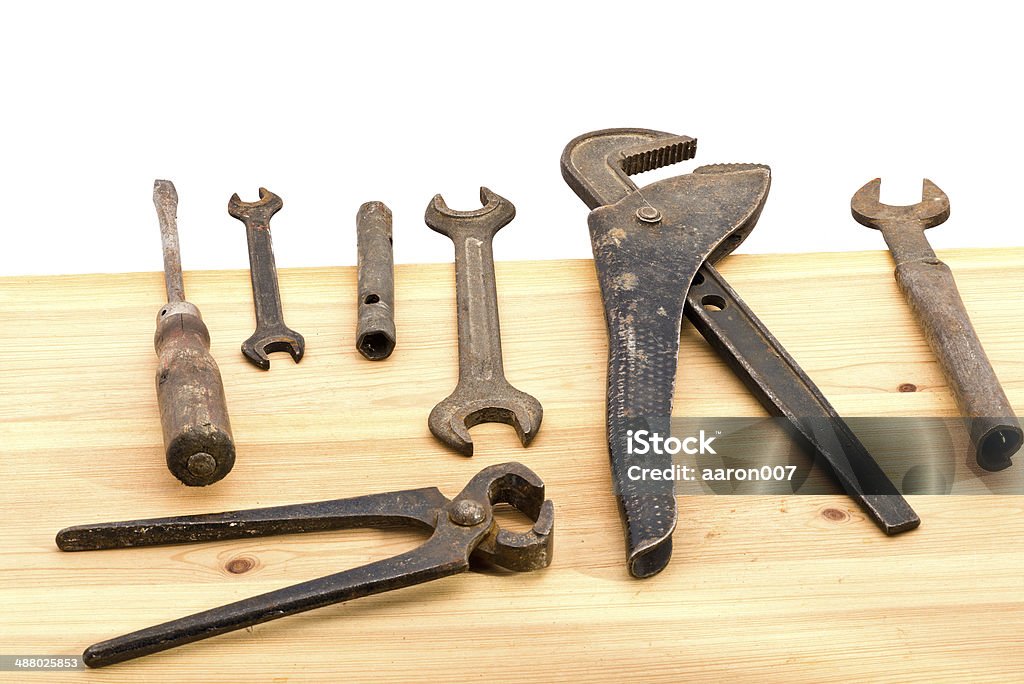 old tools photographed by RAW Adjustable Wrench Stock Photo