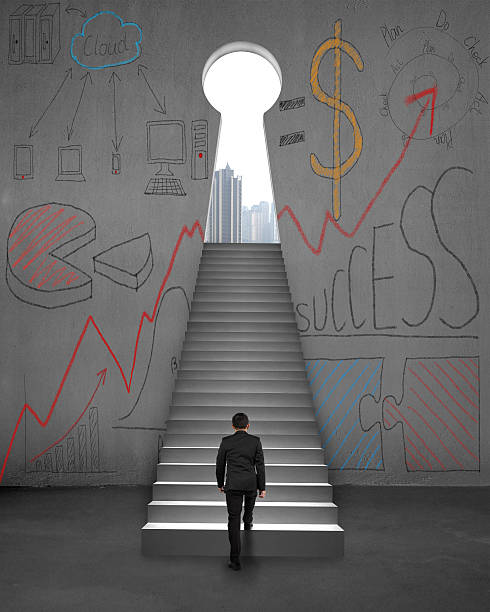 istock Walking on stairs with business doodles and key shape hole 488027989