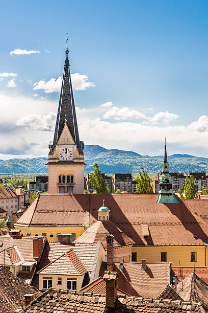 istock Panoramic view of old city district with a church 488029043