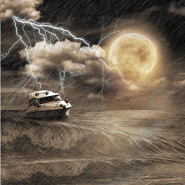 istock Boat in storm  evening on ocean and the moon 488031135
