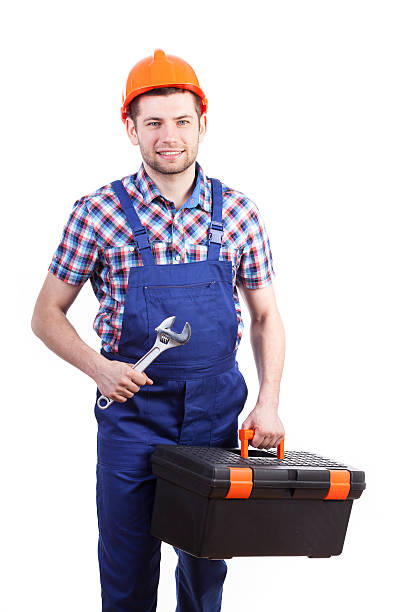 istock Repairman with toolbox and wrench 488032697