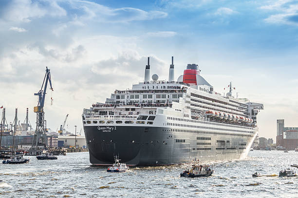 Hamburg, Germany - May 16, 2025Hurtigruten MS Finnmarken entering the Port of Hamburg. Renamed as Otto Sverdrup in 2021, this ship has been transferred back to to Hurtigruten in 2024. On 16th May returned to Hamburg from dry dock to restore its original name MS Finnmarken, with an official celebration at  Port Of Hamburg.MS Finnmarken, one of the most historical name along the Norwegian coast, will sail from Hamburg to Honningsvåg the popular North Cape line.