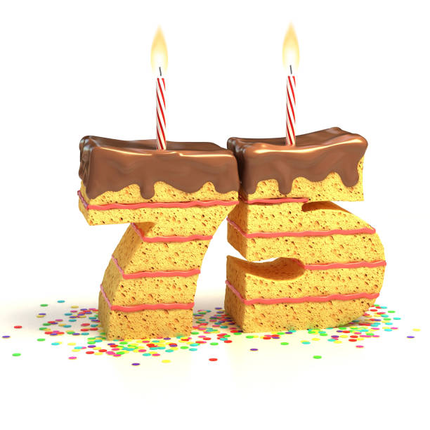 istock number 75 shaped chocolate birthday cake with lit candle 488051375