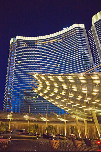 Las Vegas, United States - April 6, 2014: The ultra modern Aria hotel in Las Vegas, Nevada, at night.  This apartment, casino, resort complex is beside the Vdara hotel just off the Vegas Strip. It is very close to the Crystal shopping centre and the Bellagio hotel.