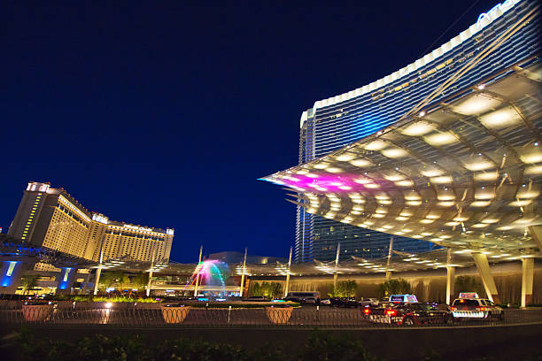 Las Vegas, United States - April 6, 2014: The ultra modern Aria hotel in Las Vegas, Nevada, at night.  This apartment, casino, resort complex is beside the Vdara hotels just off the Vegas Strip. It is very close to the Crystal shopping centre and the Bellagio hotel.
