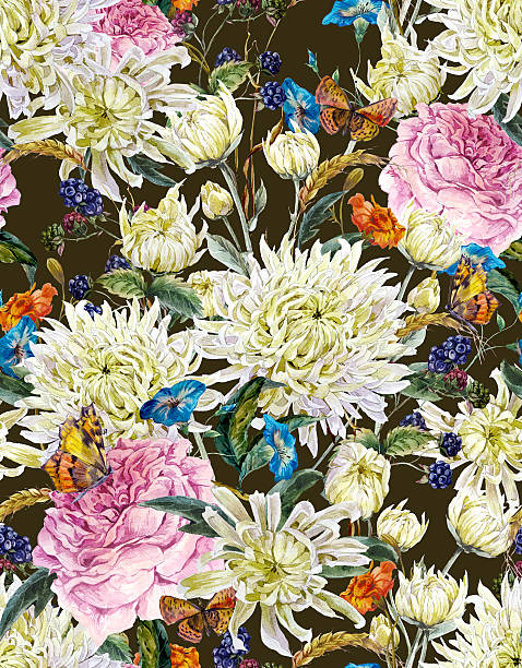 istock Watercolor Floral Seamless Background  with Chrysanthemums 488051522