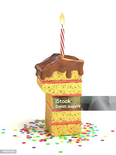 Number 1 Shaped Chocolate Birthday Cake With Lit Candle Stock Photo - Download Image Now