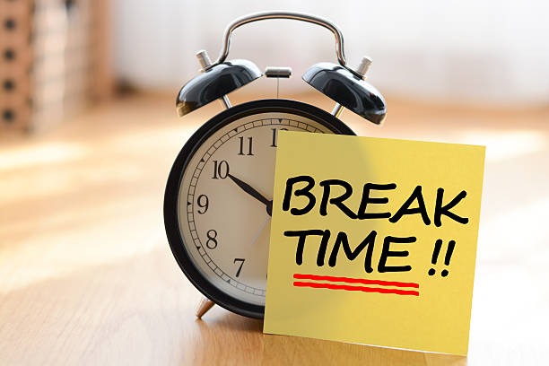 Break time concept with classic alarm clock Break time concept with classic alarm clock taking a break stock pictures, royalty-free photos & images