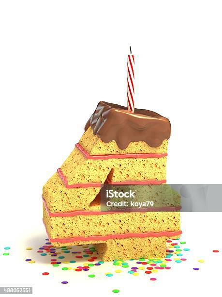 番号 4 形のチョコレート誕生日ケーキ照明のキャンドル - 3Dのストックフォトや画像を多数ご用意 - 3D, お祝い, アルファベット