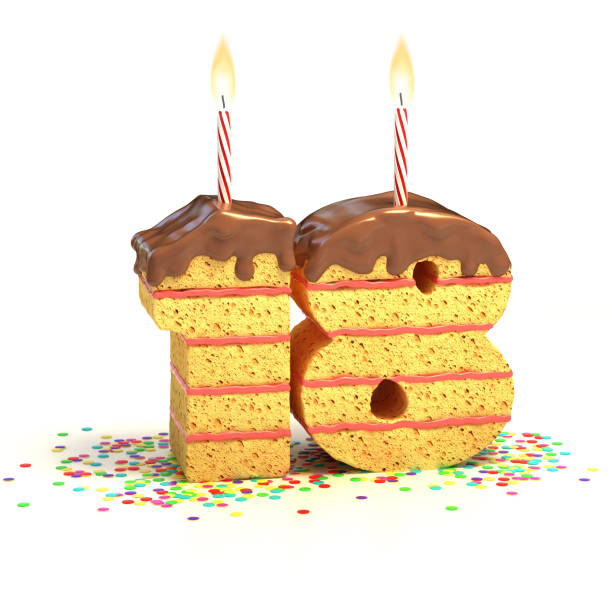 istock number 18 shaped chocolate birthday cake with lit candle 488052565