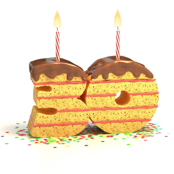 istock number 30 shaped chocolate birthday cake with lit candle 488052661