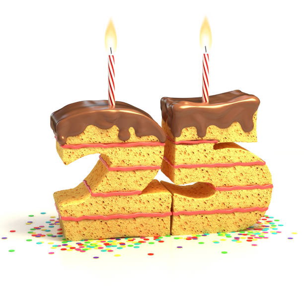 istock number 25 shaped chocolate birthday cake with lit candle 488052761