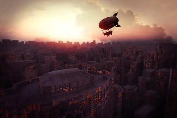 Futuristic cityscape at sunset with steampunk airship.