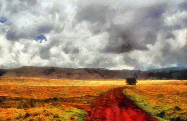 istock Red clay road and tree painting 488054098