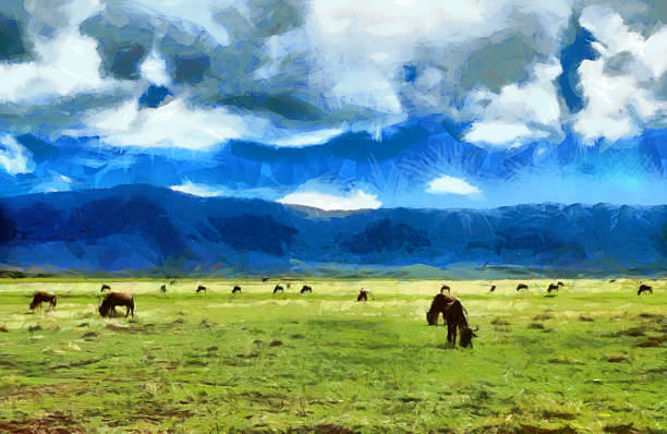 istock Antelopes gnu feeding on meadow among mountains in Africa illustration 488054150