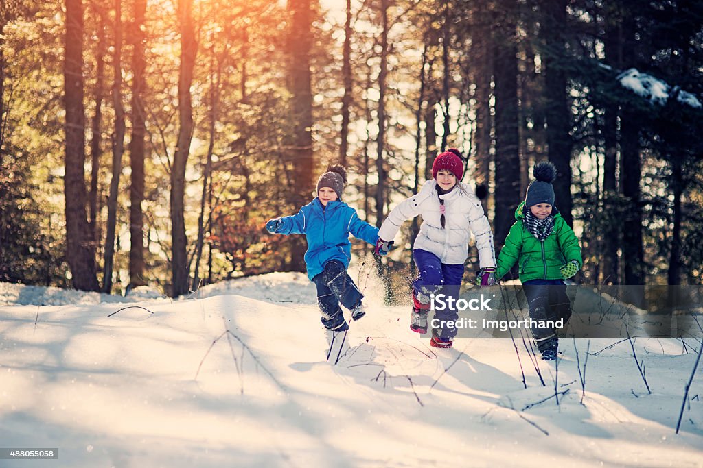 Kids playing in winter forest Little girl with her brothers are running at the edge of the forest on a perfect winter day. Kids are holding hands and running through the deep snow. Kids are aged 9 and 5. Child Stock Photo