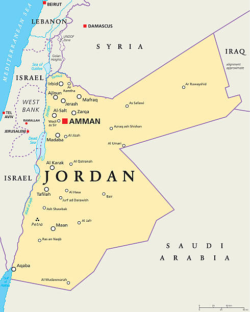 Jordan Political Map Jordan political map with capital Amman, national borders, important cities, rivers and lakes. English labeling and scaling. Illustration. dead sea stock illustrations