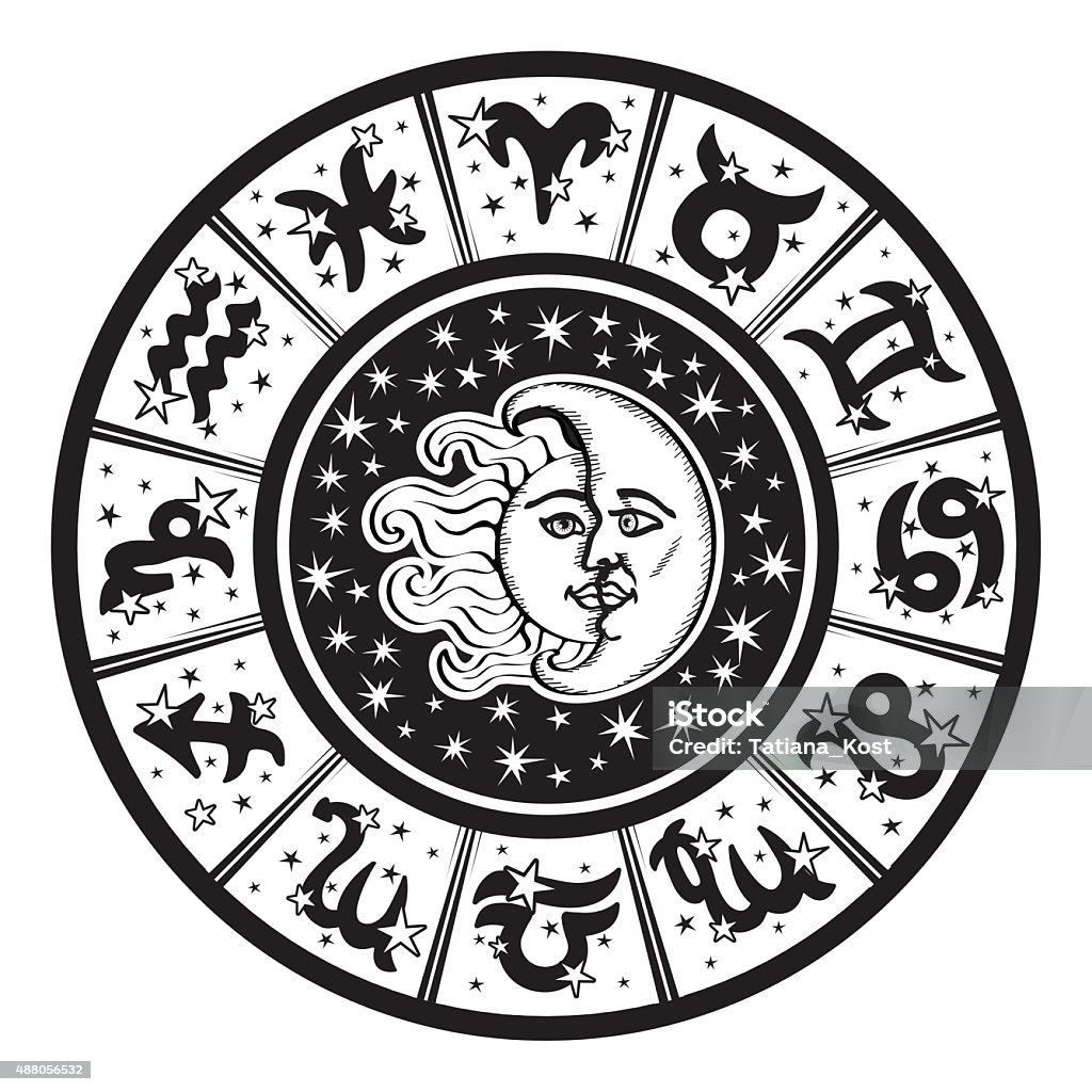 Horoscope circle.Zodiac sign,moon,sun.Black,white The Horoscope circle with  Zodiac signs and constellations of the zodiac.Inside the symbol of the sun and moon.Retro style.Black and white colors.Vector illustration 2015 stock vector