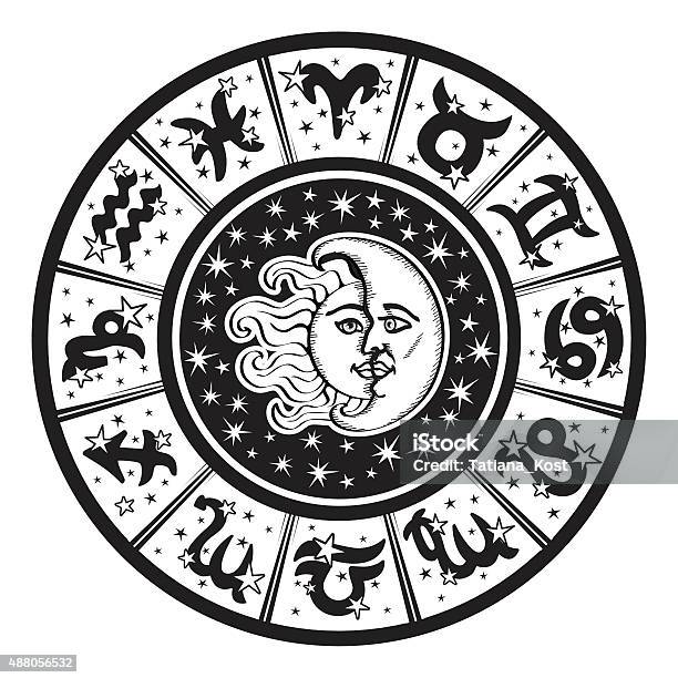 Horoscope Circlezodiac Sign Moon Sunblack White Stock Illustration - Download Image Now - 2015, Adult, Aquarius - Astrology Sign