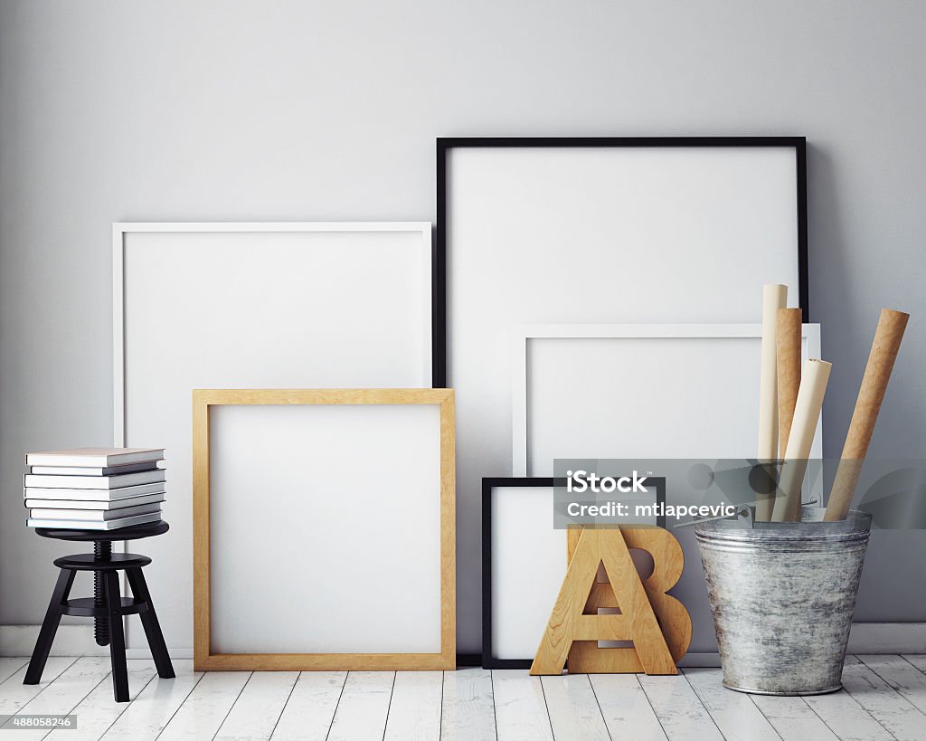 mock up poster frames in hipster interior background mock up poster frames in hipster interior background, 3D render 2015 Stock Photo