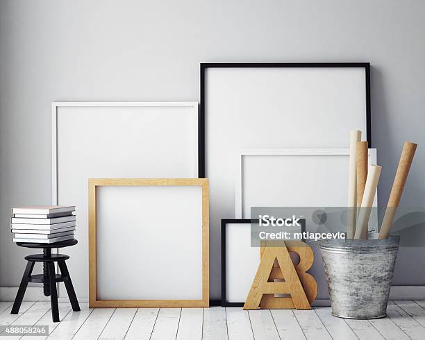 Mock Up Poster Frames In Hipster Interior Background Stock Photo - Download Image Now