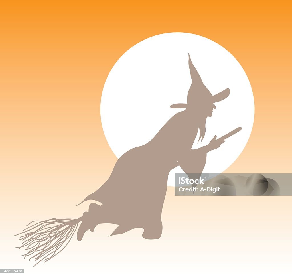 Witch Icon A vector silhouette illustration of a witch riding her broom past the moon under and orange sky. Computer Graphic stock vector