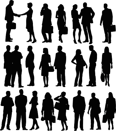 A vector silhouette illustration of various business men and women.