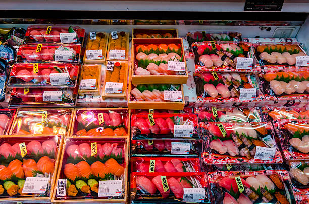 Packaged sushi in Kuromon market - Osaka , Japan stock photo