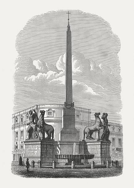 Fountain of Castor and Pollux in Rome, published in 1878 Fountain of Castor and Pollux with the Obelisk before the Quirinale Palace in Rome. Wood engraving after a bas relief from the Trajan's Column (built 112/113 AD) in Rome, published in 1878. quirinal palace stock illustrations