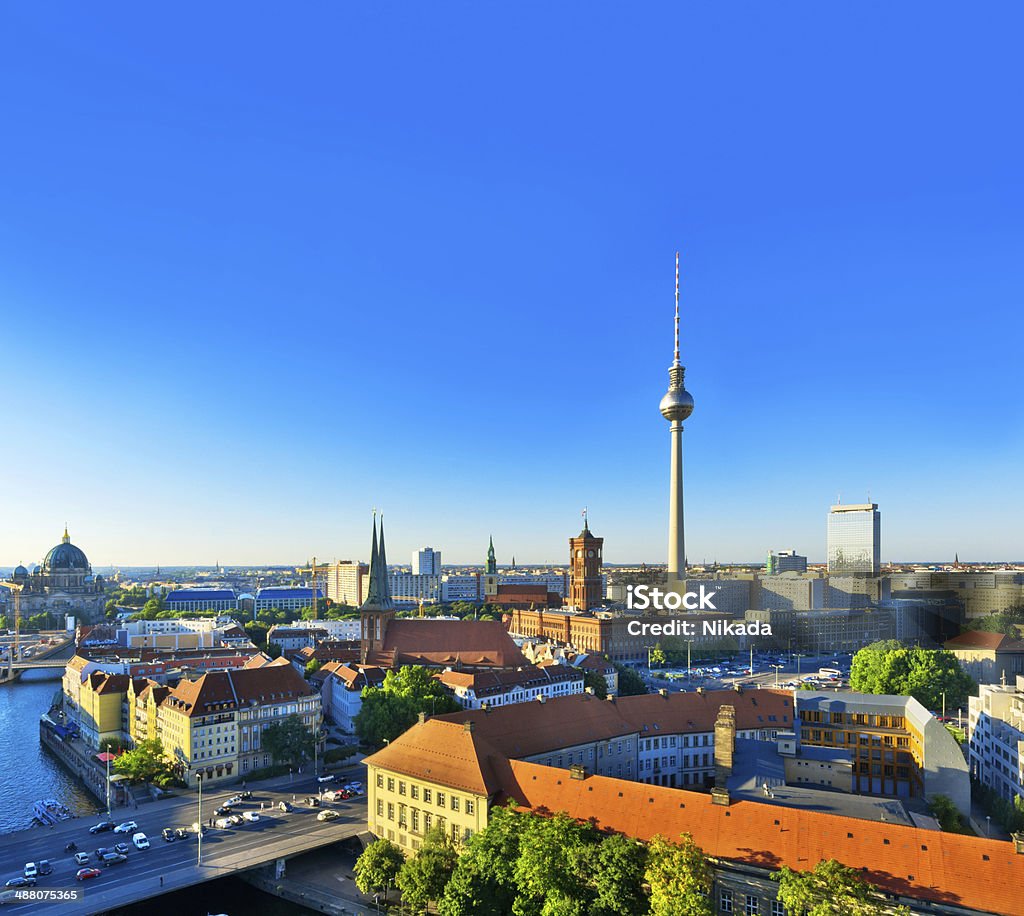 Skyline of Berlin (Germany) with TV Tower Aerial View of the TV tower, Berlin town hall and Cathedral in east Berlin Aerial View Stock Photo