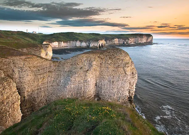Sunrise showing the chalk cliffs of the coast at Flamborough Head, East Riding of Yorkshire.