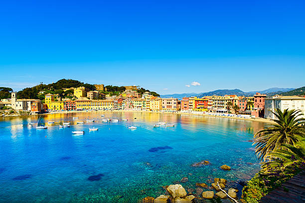 Sestri Levante silence bay or Baia del Silenzio sea harbor and beach view on morning. Liguria, Italy.