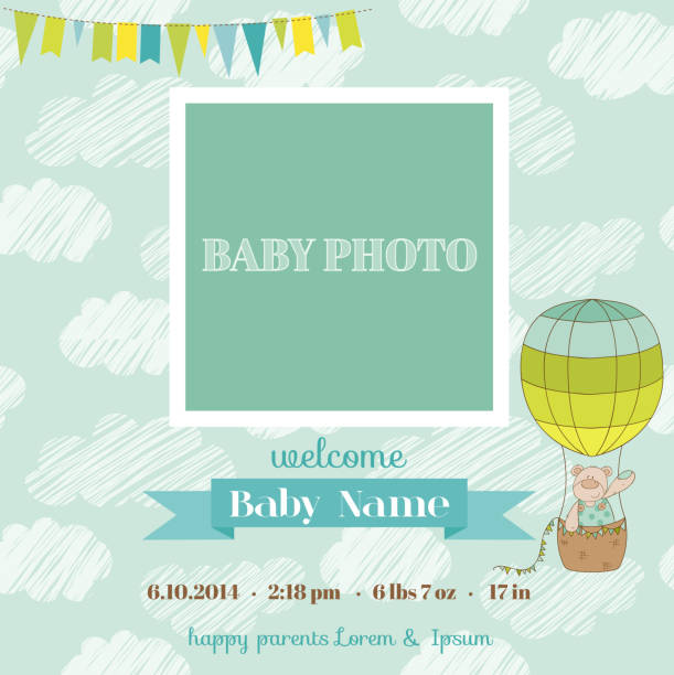 illustrazioni stock, clip art, cartoni animati e icone di tendenza di carta di arrivo del bambino con cornici fotografiche - baby congratulating toy birthday