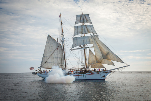 Dana Point, California, USA - September, 11, 2015: The Exy Johnson Brigantine sailing during the Tall Ships Festival.
