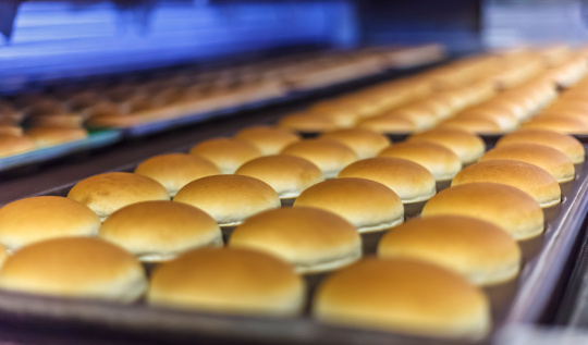 Hamburger breads goes out from bakery.
