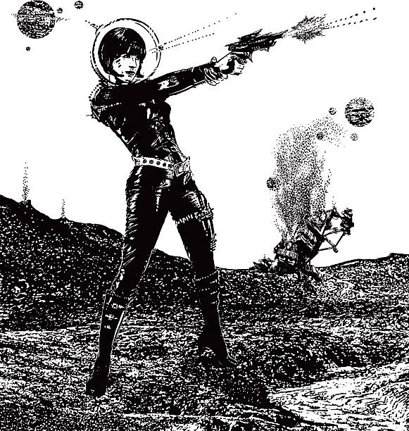 Retro Space Woman In Combat In Outer Space Line art illustration of a humorous retro woman astronaut fighting aliens on a strange planet. seductive women stock illustrations