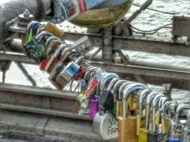lovelocks attached to brooklyn bridge overpass, each symbolic with a message
