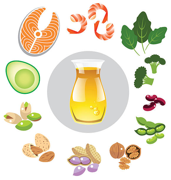 ilustraciones, imágenes clip art, dibujos animados e iconos de stock de mejores fuentes de omega 3 - nutritional supplement salmon food flax