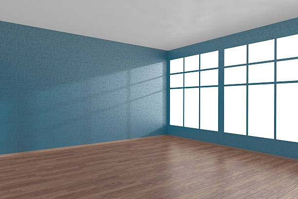 istock Corner of blue empty room with large windows 488086032