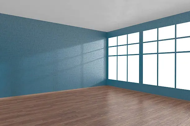 Corner of blue empty room with large windows and wooden parquet floor, 3D illustration