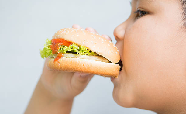istock obese fat boy child eat chicken hamburger 488086430