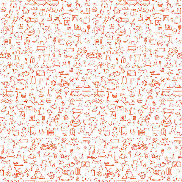 Toys seamless hand drawn doodle pattern  Vector  illustration for backgrounds, web design, design elements, textile prints, covers, greeting cards behavior teddy bear doll old stock illustrations