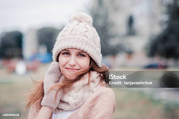 Outdoor Winter Portrait Of Beautiful Smiling Young Girl Stock Photo - Download Image Now